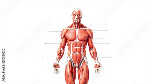 Detailed diagram of the human muscular system showcasing all major muscle groups with clear labeling. Perfect for educational materials and anatomical studies