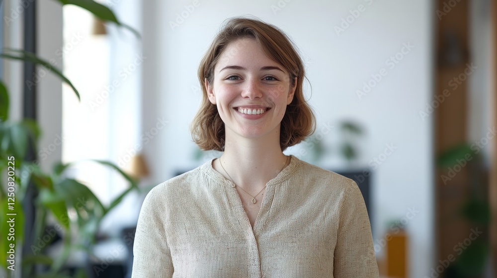 Woman with a neat smile and confidently standing n a white natural light office background