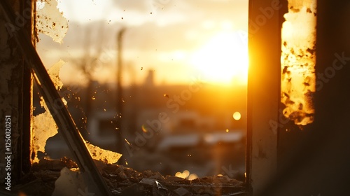 Urban decay showcased through broken glass window with sunlight streaming in beautifully : Generative AI