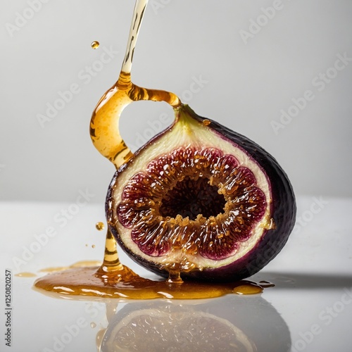 A cut fig with honey drizzling over it, emphasizing its sweetness, against a white background.