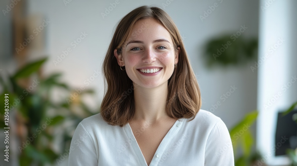 Woman with a neat smile and confidently standing n a white natural light office background Woman with a neat smile and confidently standing n a white natural light office background