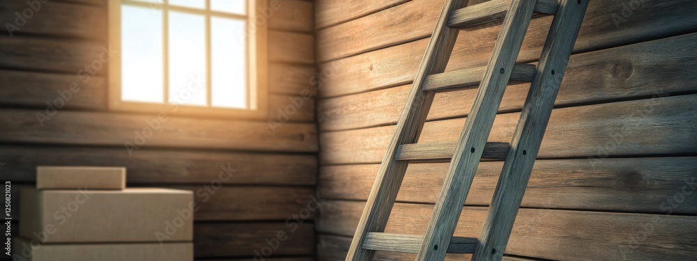 A wooden ladder positioned in front of a rustic attic storage entrance, with a few boxes stacked nearby A wooden ladder positioned in front of a rustic attic storage entrance, with a few boxes stacked nearby