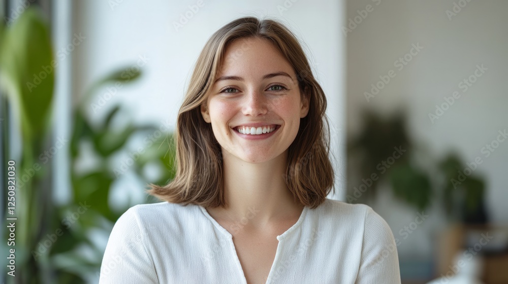 Woman with a neat smile and confidently standing n a white natural light office background Woman with a neat smile and confidently standing n a white natural light office background