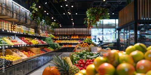 Fototapeta Naklejka Na Ścianę i Meble -  A supermarket with lots of fresh and healthy fruits and vegetables on shelves