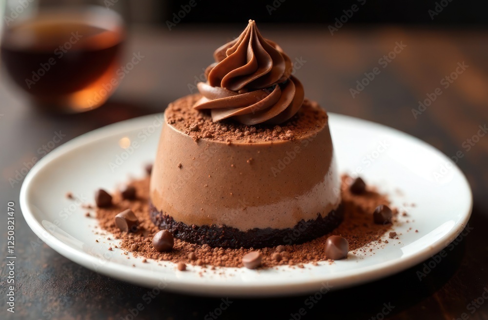 rich chocolate mousse cake topped with creamy swirl on white plate, surrounded by chocolate chips. perfect for dessert menu, café promotions, or culinary blogs. rich chocolate mousse cake topped with creamy swirl on white plate, surrounded by chocolate chips. perfect for dessert menu, café promotions, or culinary blogs.