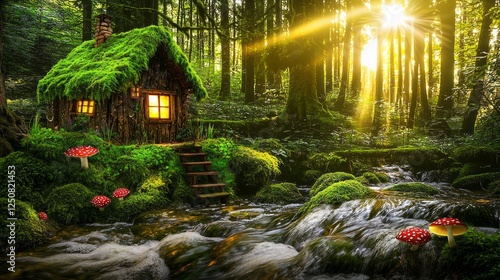 Magical and enchanting forest scene featuring a small, cozy cottage covered in vibrant green moss and surrounded by lush foliage. photo