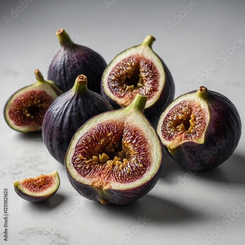 A cluster of three figs, one cut open, arranged elegantly on a pure white background.
