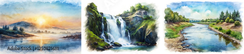 Beautiful watercolor landscapes, serene river scenes, cascading waterfalls, vibrant nature, peaceful outdoor settings.