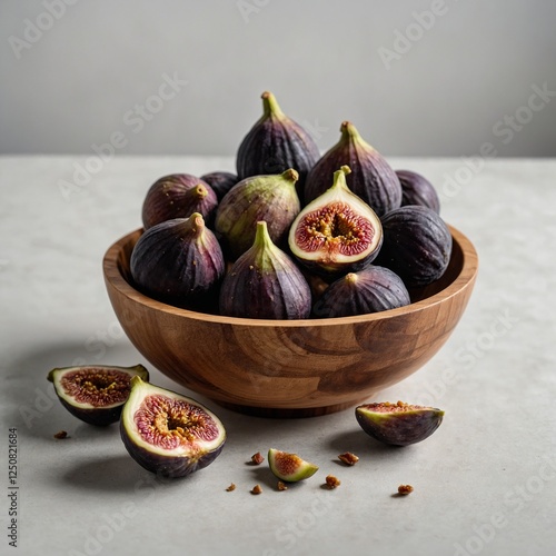 A wooden bowl filled with fresh figs, slightly spilling onto the white background.
