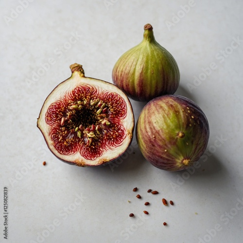 A halved fig showing its vibrant red interior, delicate seeds, and juicy texture, placed on a white surface.