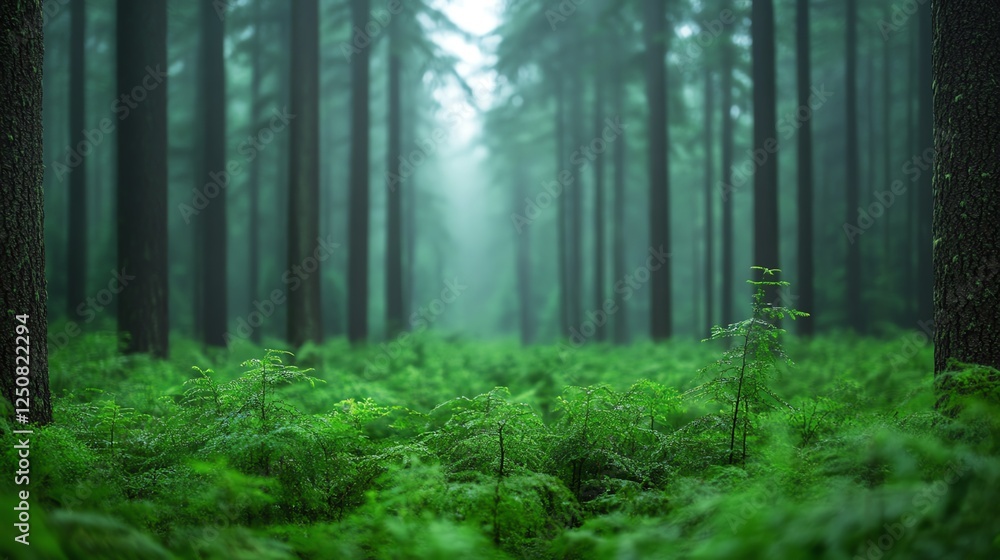 Fototapeta premium A serene forest scene with towering trees surrounded by lush green ferns