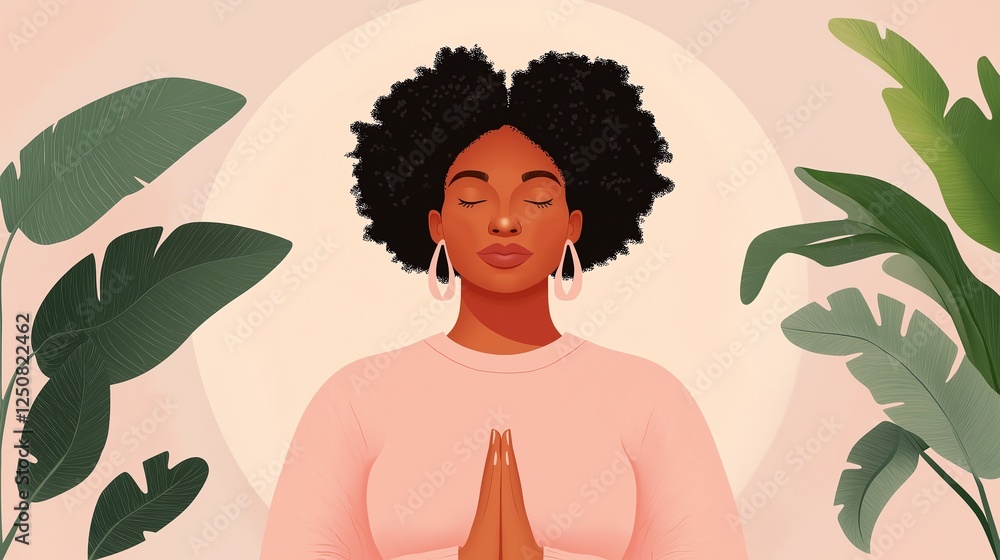 A serene illustration of a woman meditating amidst lush green plants A serene illustration of a woman meditating amidst lush green plants