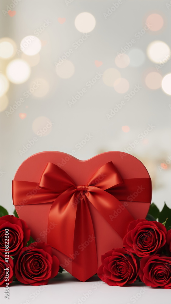 Gift heart shaped box with ribbon surrounded by red roses on light background with bokeh lights. Valentine's Day vertical banner with copy space for text Gift heart shaped box with ribbon surrounded by red roses on light background with bokeh lights. Valentine's Day vertical banner with copy space for text