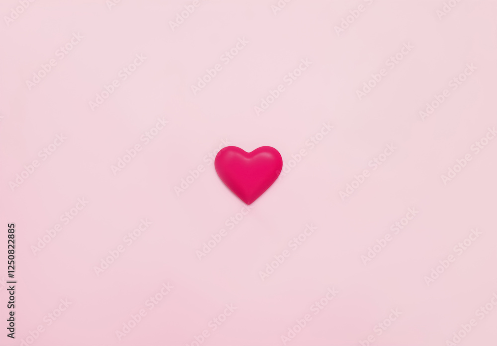 Minimal flat lay with one small red 3d heart on pastel pink background. Valentine's Day greeting card, banner, poster Minimal flat lay with one small red 3d heart on pastel pink background. Valentine's Day greeting card, banner, poster