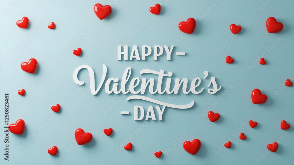 White Happy Valentine's day text lettering with 3d red hearts on light pastel blue background White Happy Valentine's day text lettering with 3d red hearts on light pastel blue background