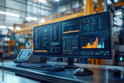 Wallpaper Mural Modern workplace showing statistics and data on computer screen in factory Torontodigital.ca