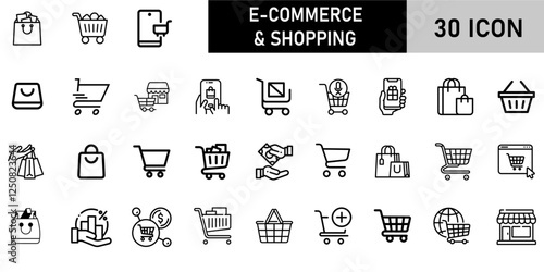 Minimalist E- commorce And Shopping Icon Pack | 30 Outline Vector Icons, Editable stroke. 