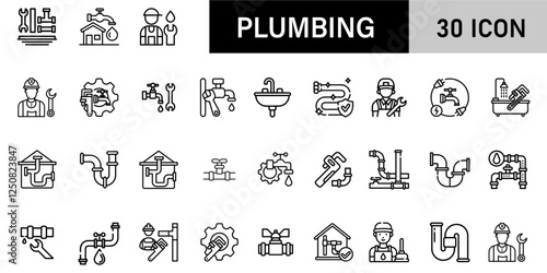 Minimalist Plumbing Icon Pack | 30 Outline Vector Icons, Editable stroke. 