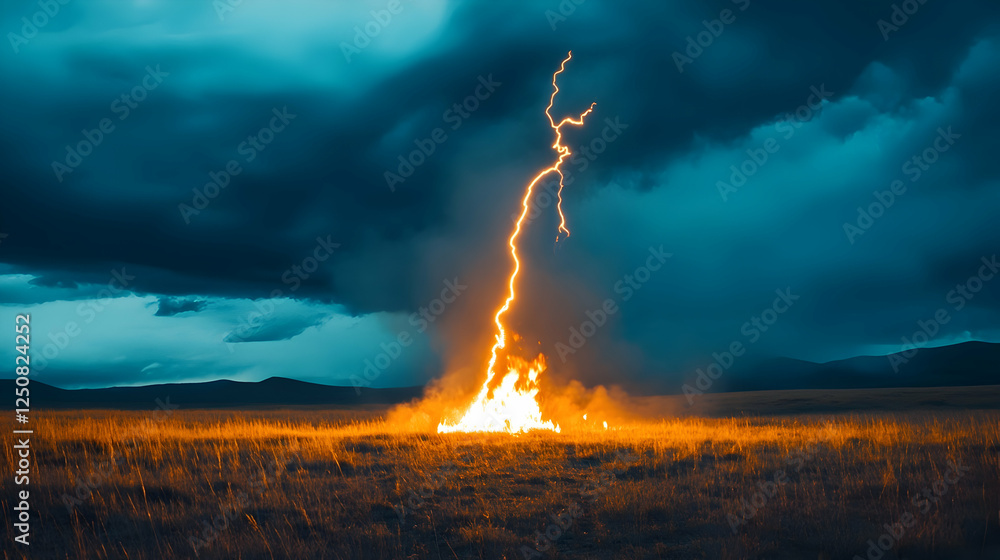 Fototapeta premium A lightning flash brightens the landscape, sparking a fire on the ground