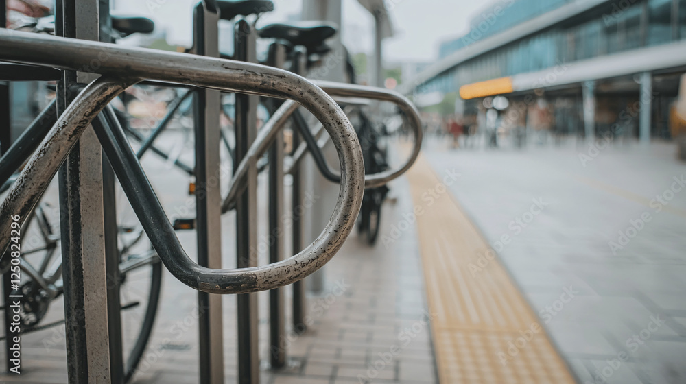 close up of bicycle rack at public transport hub, showcasing metal structure and surrounding area. image captures urban environment and functionality of bike parking close up of bicycle rack at public transport hub, showcasing metal structure and surrounding area. image captures urban environment and functionality of bike parking