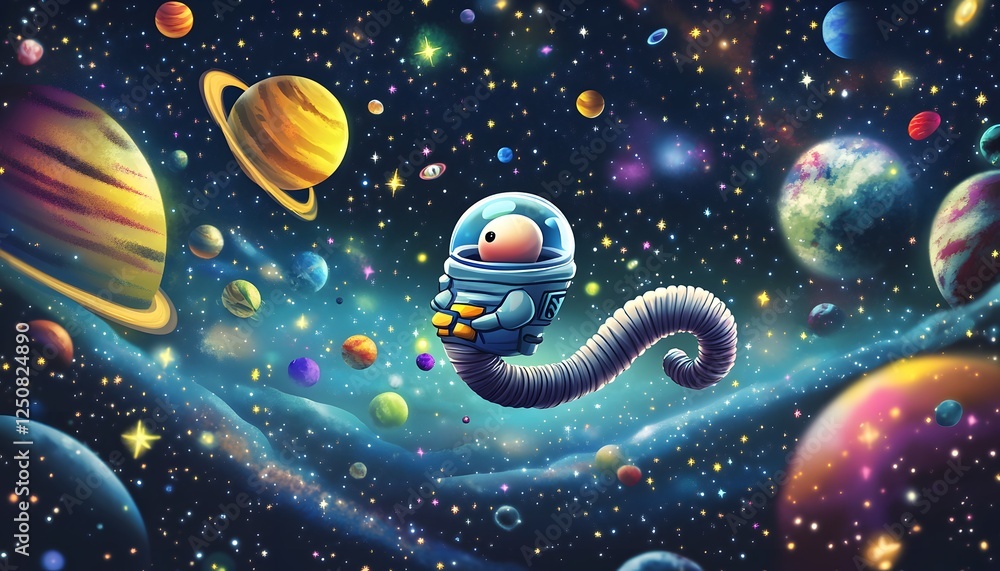 Naklejka premium Worm Astronaut Soaring Through A Colorful Cosmos