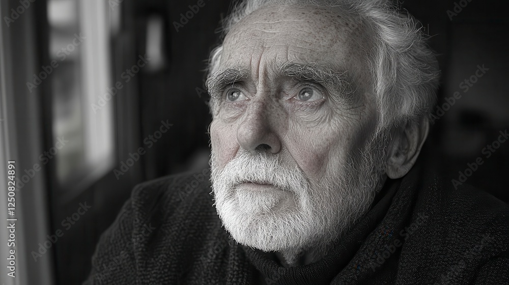 Elderly man contemplates, window background, pensive mood, senior portrait Elderly man contemplates, window background, pensive mood, senior portrait