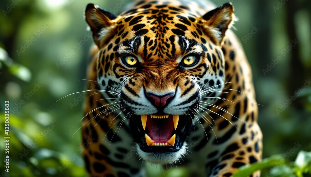 Magnificent Jaguar in the Rainforest A Close-Up Portrait of a Roaring Wildcat