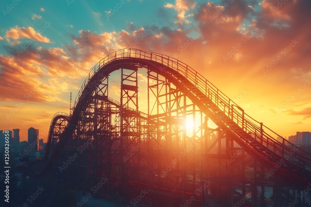 Rollercoaster tracks rising into the dramatic sunset sky Rollercoaster tracks rising into the dramatic sunset sky