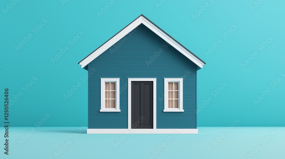 A simple, modern house design featuring a blue exterior and white accents, set against a vibrant turquoise background. Ideal for real estate, architecture, and home design themes. A simple, modern house design featuring a blue exterior and white accents, set against a vibrant turquoise background. Ideal for real estate, architecture, and home design themes.
