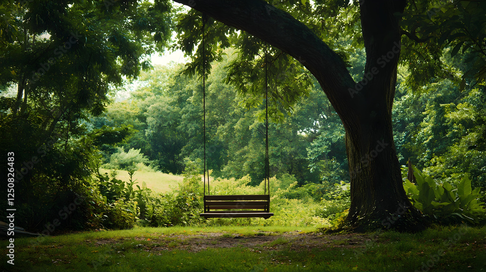 forest clearing with a rustic wooden swing hanging from an old oak tree, surrounded by lush greenery forest clearing with a rustic wooden swing hanging from an old oak tree, surrounded by lush greenery