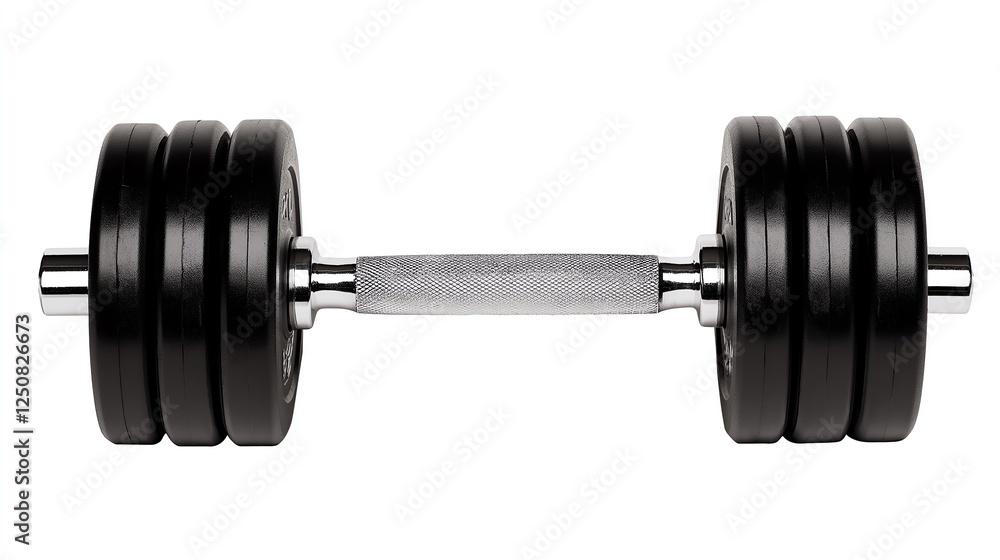 A sleek and robust black dumbbell lies flat on a clean surface, ready for use in strength training. Its shiny metal and well-defined features showcase its durability and function. A sleek and robust black dumbbell lies flat on a clean surface, ready for use in strength training. Its shiny metal and well-defined features showcase its durability and function.