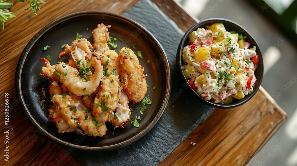 Fried calamari with potato salad next to it on stone table Fried calamari with potato salad next to it on stone table