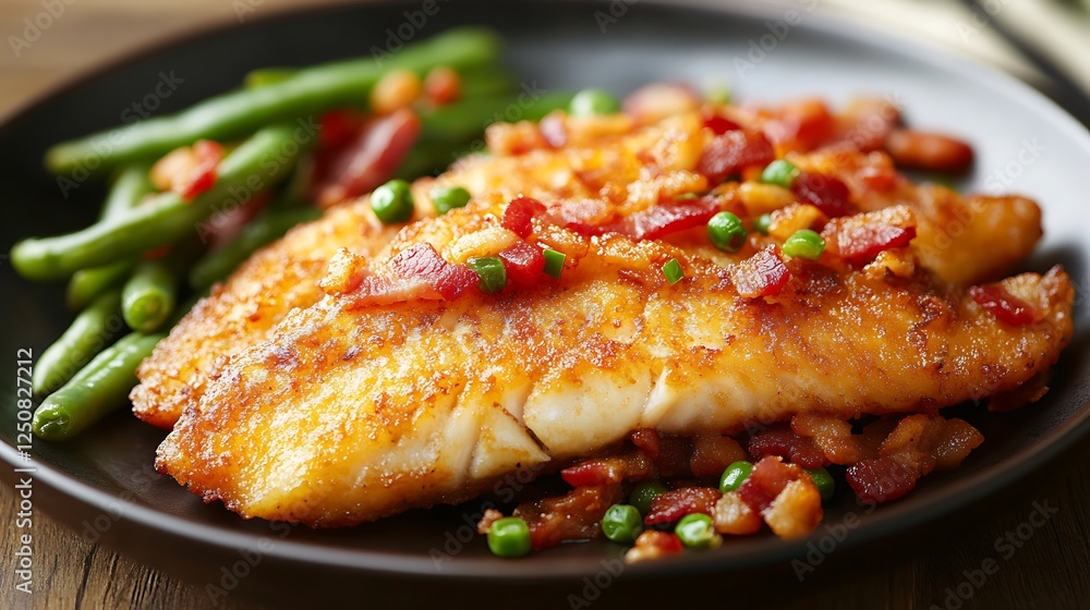Fried catfish fish with bacon and red bell pepper and green beans Fried catfish fish with bacon and red bell pepper and green beans