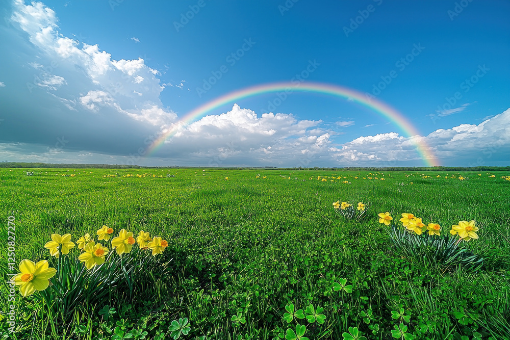 Naklejka premium Rainbow over daffodil field after spring rain