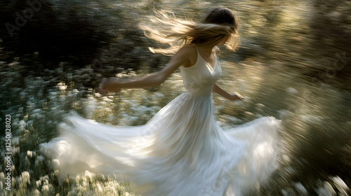 shot of a young woman twirling in a flowy white dress in a sun-dappled meadow  photo