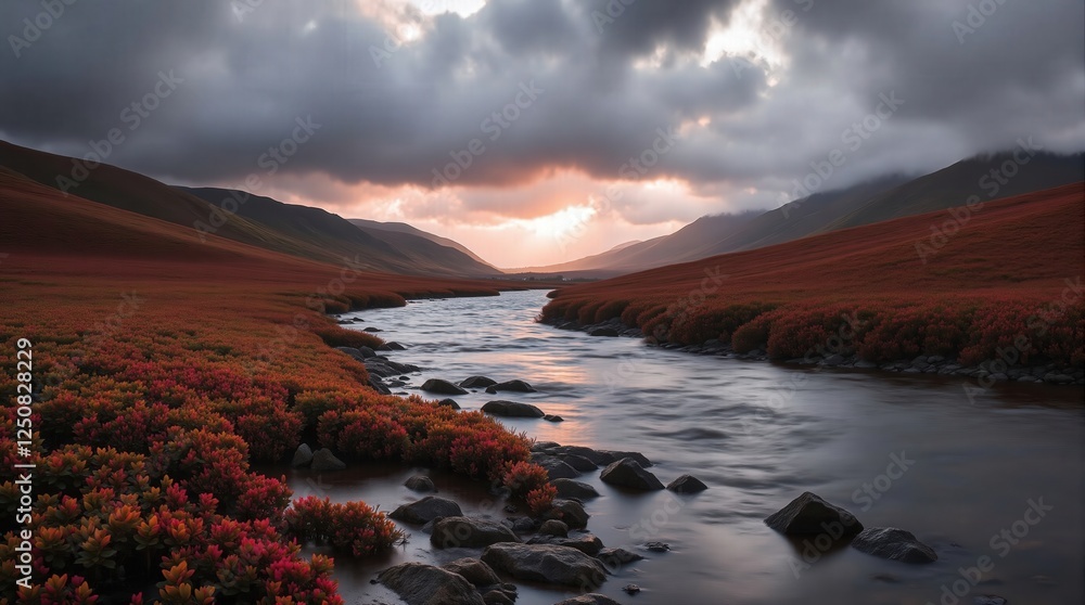 Fototapeta premium Stunning landscape featuring vibrant autumn foliage along a tranquil river, framed by majestic mountains and dramatic clouds at sunset