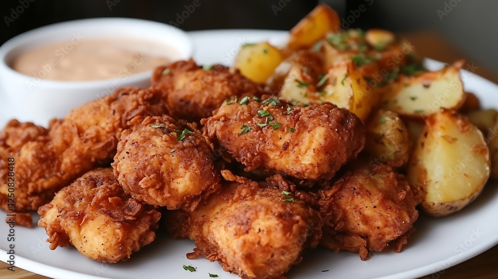 Fried chicken nuggets with fried potatoes Fried chicken nuggets with fried potatoes