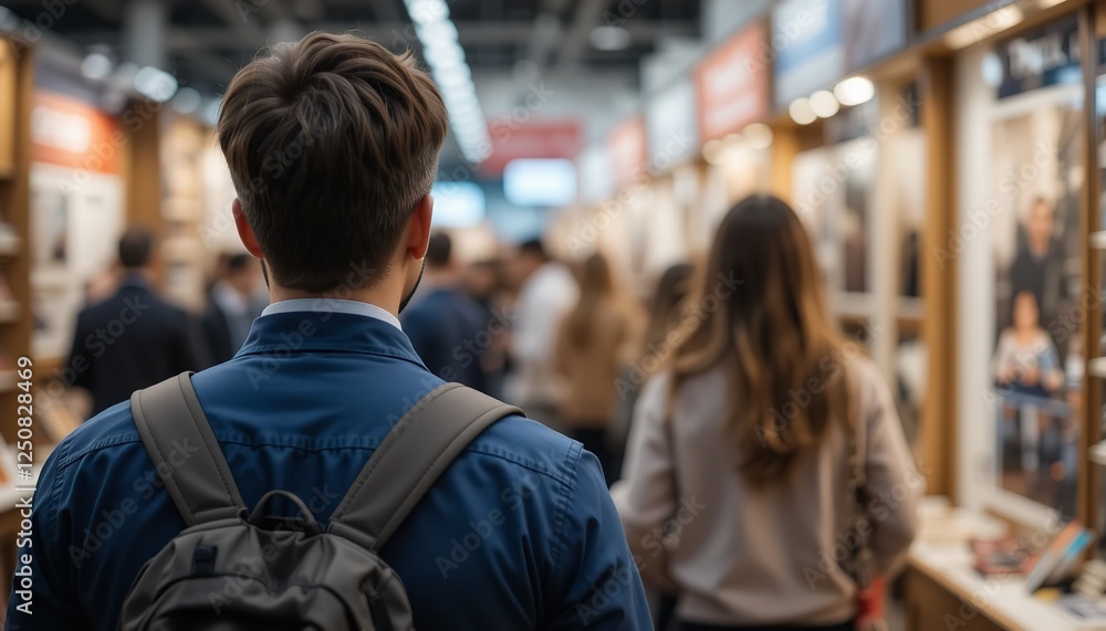 Young Man with Backpack Walking Through Busy Trade Show Exhibit Hall Modern Business Casual Apparel Stylish Comfortable Backpack Attendee Exploring Young Man with Backpack Walking Through Busy Trade Show Exhibit Hall Modern Business Casual Apparel Stylish Comfortable Backpack Attendee Exploring