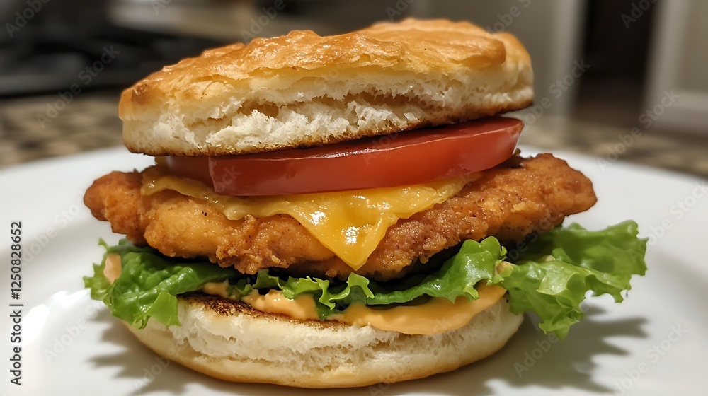 Fried chicken sandwich on a homemade biscuit Fried chicken sandwich on a homemade biscuit