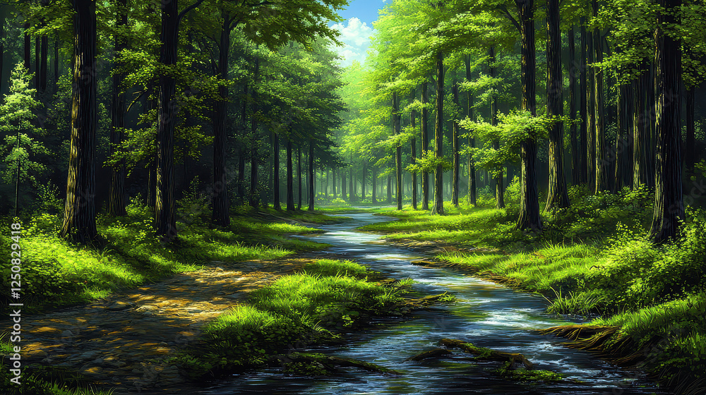 Fototapeta premium This captivating forest scene showcases lush greenery and a tranquil stream winding through tall trees, creating a peaceful natural oasis ideal for relaxation