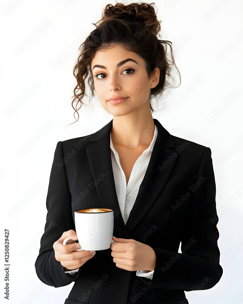 Professional woman in a black suit holding a coffee cup, standing against a plain background Professional woman in a black suit holding a coffee cup, standing against a plain background