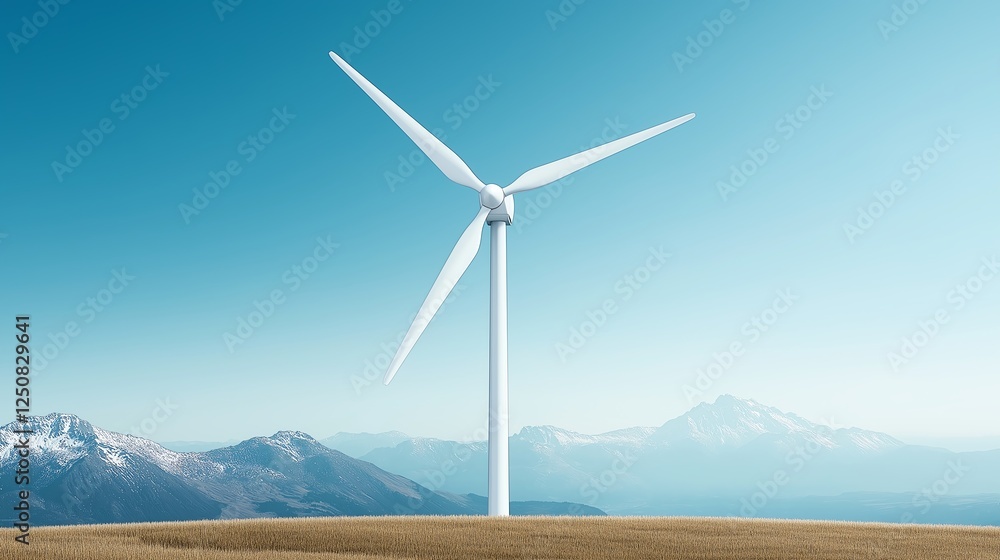 A stunning wind turbine stands tall against a clear blue sky, framed by majestic mountains A stunning wind turbine stands tall against a clear blue sky, framed by majestic mountains