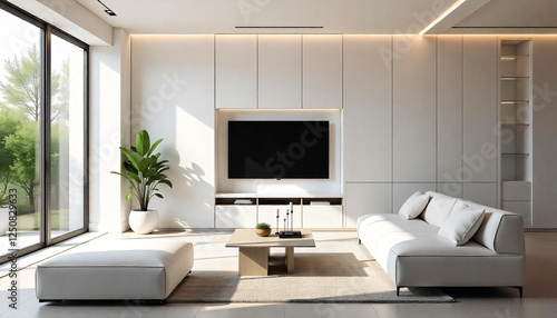 A Modern Living room with white built-in tv cabinet paneling and stylish sofa 