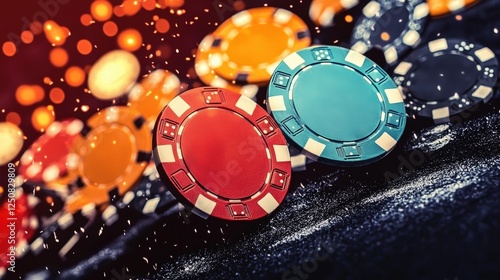 Colorful Casino Chips on a Dark Surface with Sparkling Lights photo