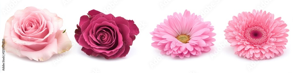 Fototapeta premium A row of pink and purple flowers arranged neatly on a white surface
