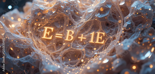 Extreme close-up of an equation physically embedded into crystal growth, 8K resolution, showcasing shimmering embedded symbols, smooth flowing numerical harmonics, and soft radiant energy fields.
 photo