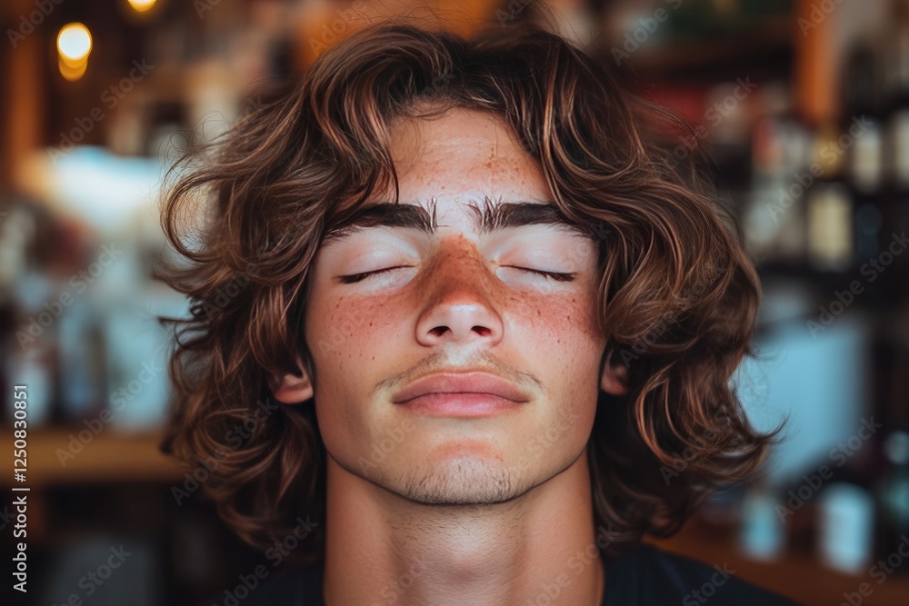 Peaceful Young Man with Closed Eyes and Freckles in Cozy Cafe Setting Peaceful Young Man with Closed Eyes and Freckles in Cozy Cafe Setting
