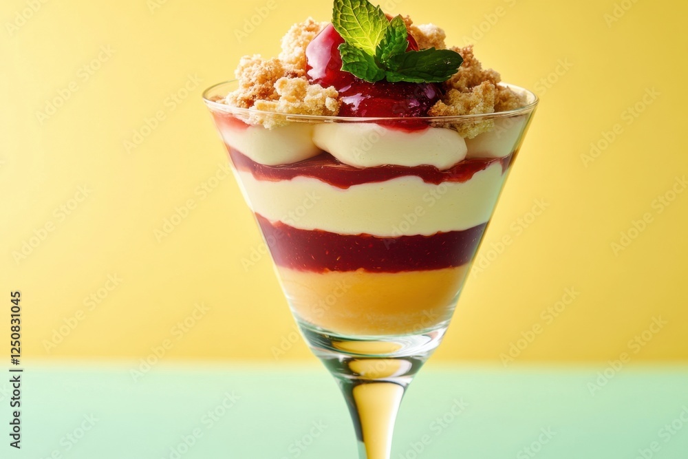 Delicious layered dessert garnished with fresh mint and crumble topping