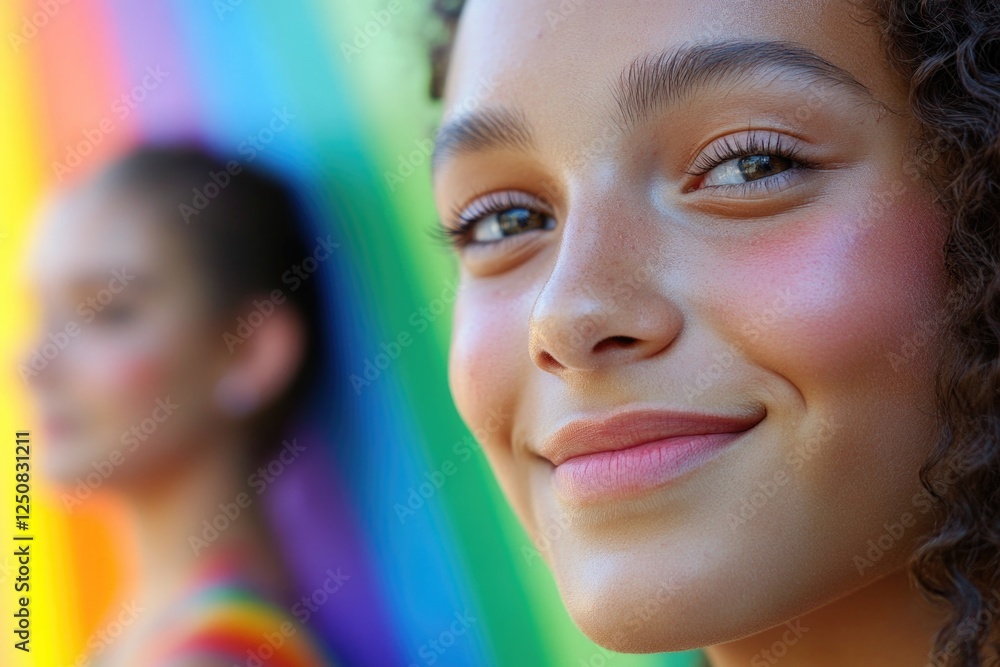 Obraz premium A close-up shot of a person against a vibrant rainbow background