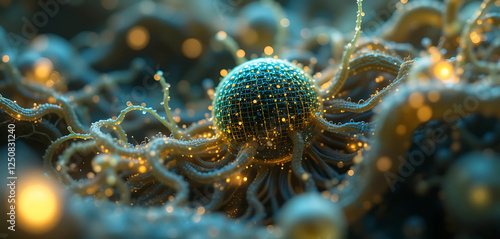 Ultra-detailed 8K macro shot of a digital code growing like a living organism, showcasing pixelated cells merging into bio-synthetic filaments, deep glowing transitions, and soft cybernetic pulsations photo